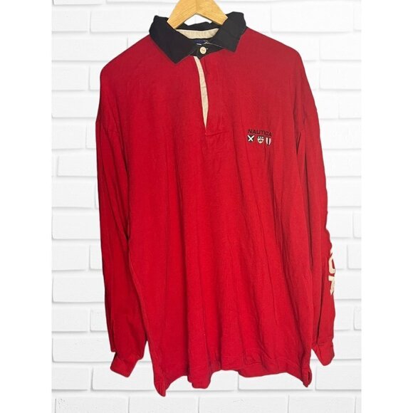 Nautica Men's Size XL Button Collared Pullover Sweatshirt Bright Red 100% Cotton - Picture 1 of 6